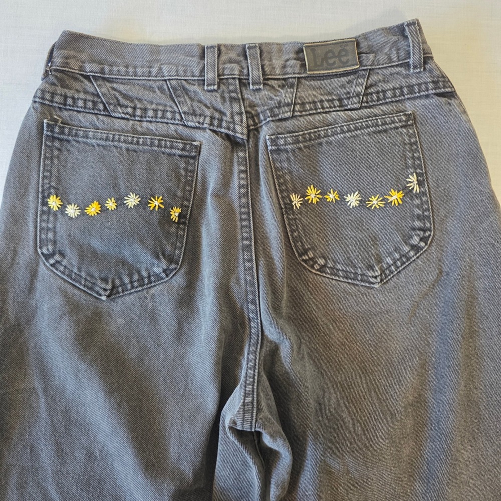 Lee Vintage High Waisted Tapered Mom‎ Jeans Daisy Embroidered 14 MED Black 90s